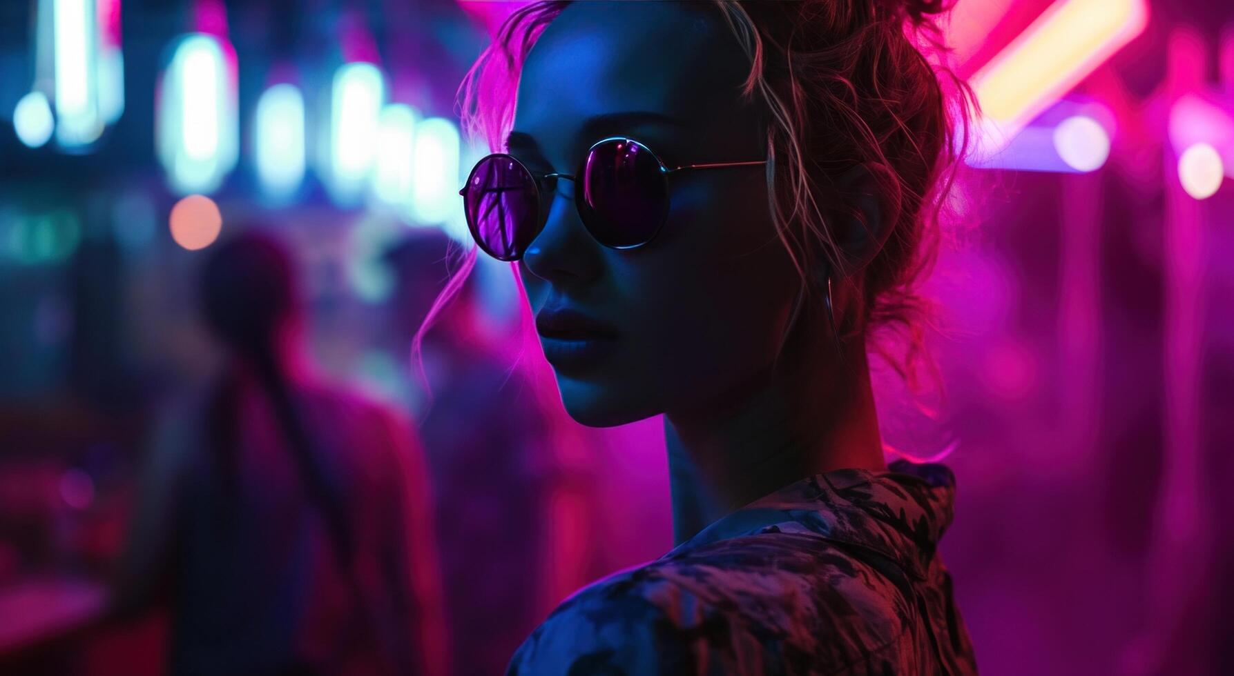 AI generated a girl in sunglasses and neon at nightclub photo