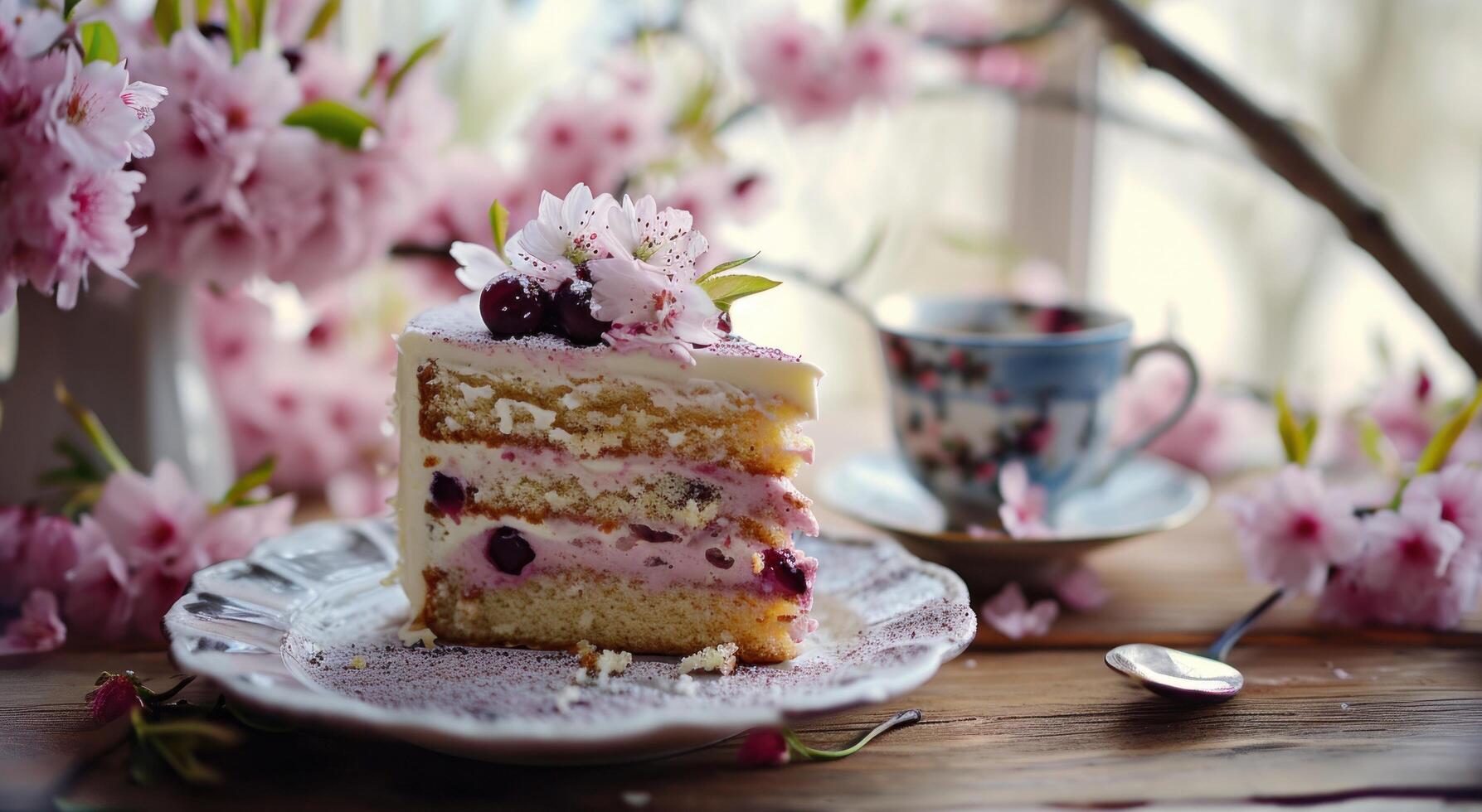 AI generated a slice of cake sits on a cup of tea photo