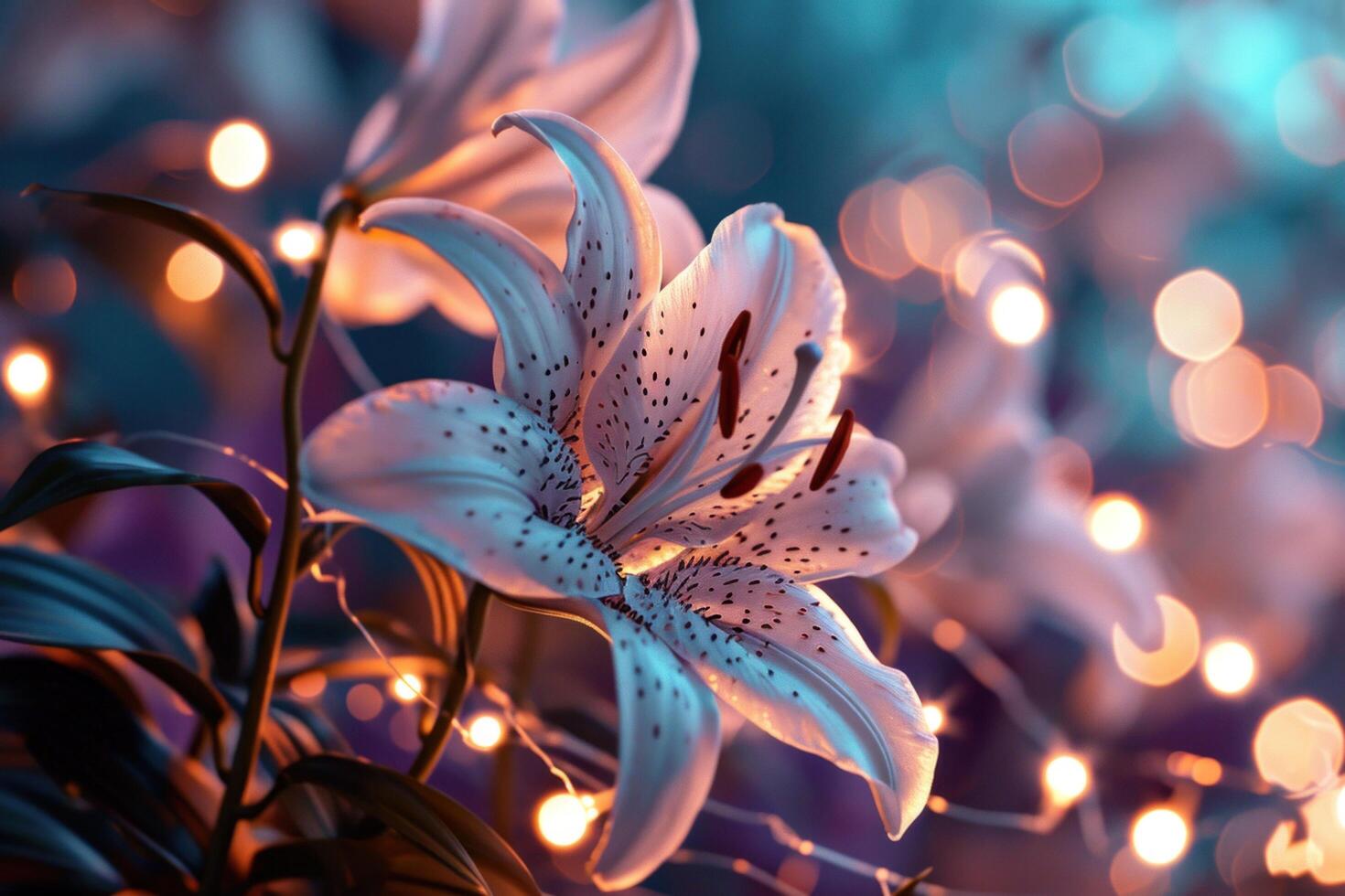AI generated a lily flower decoration with lights on a backdrop photo