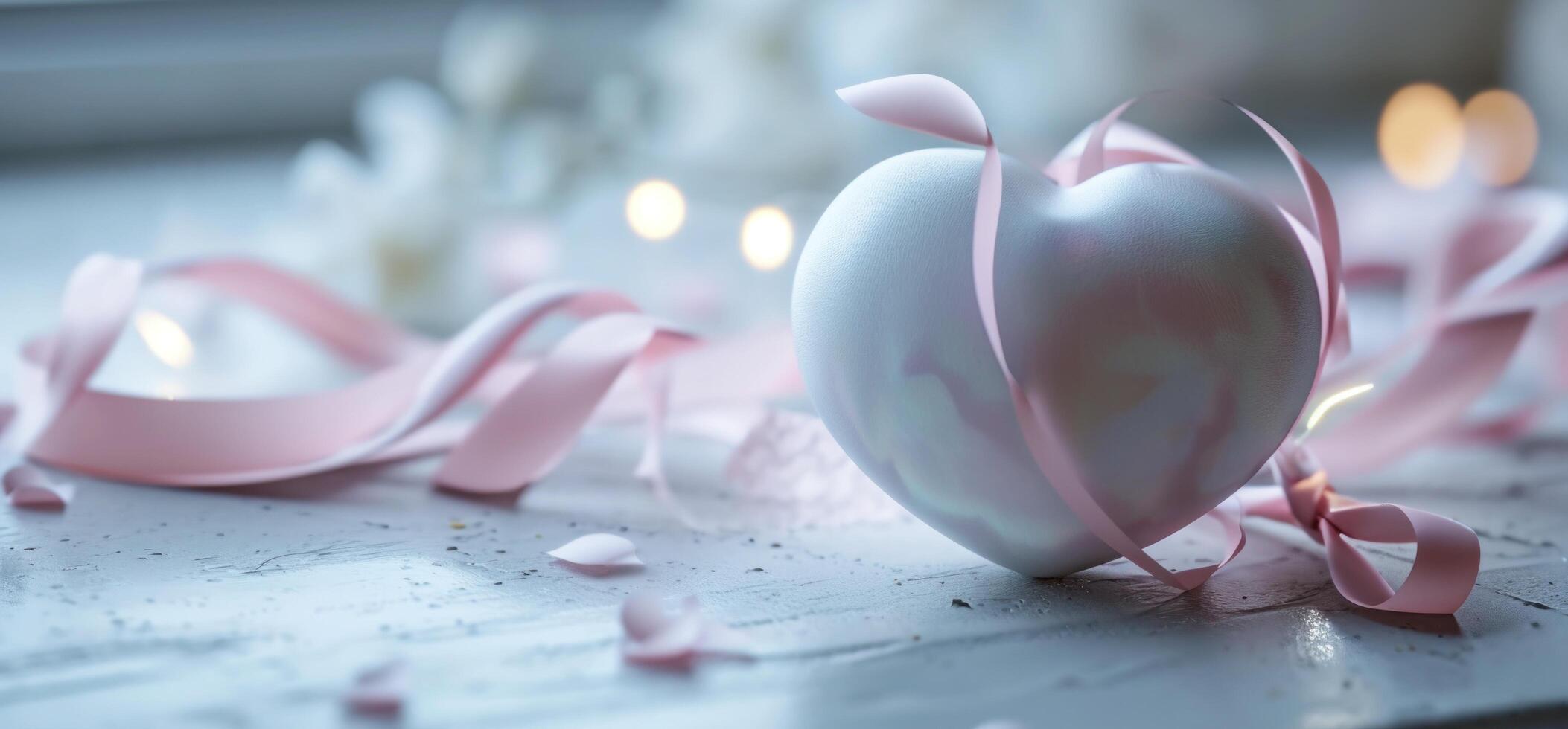 ai generado un blanco corazón en rosado en un mesa con cinta y arco foto