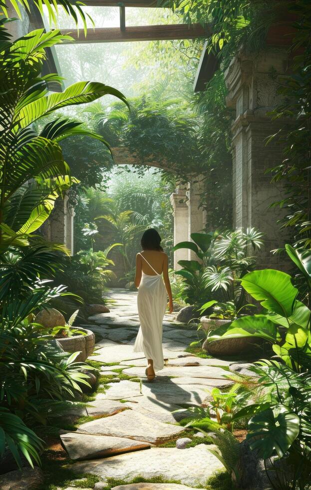 AI generated a woman walking through a garden to enter a house photo