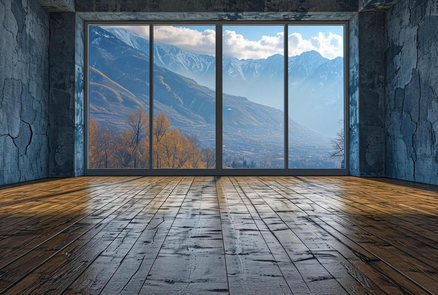 AI generated a room with a view of mountains and a floor with wood photo