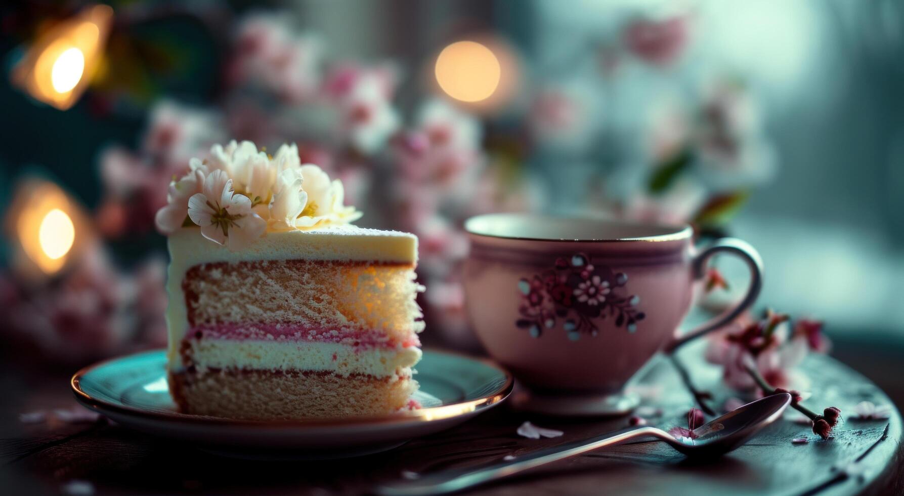 AI generated a slice of cake sits on a cup of tea photo