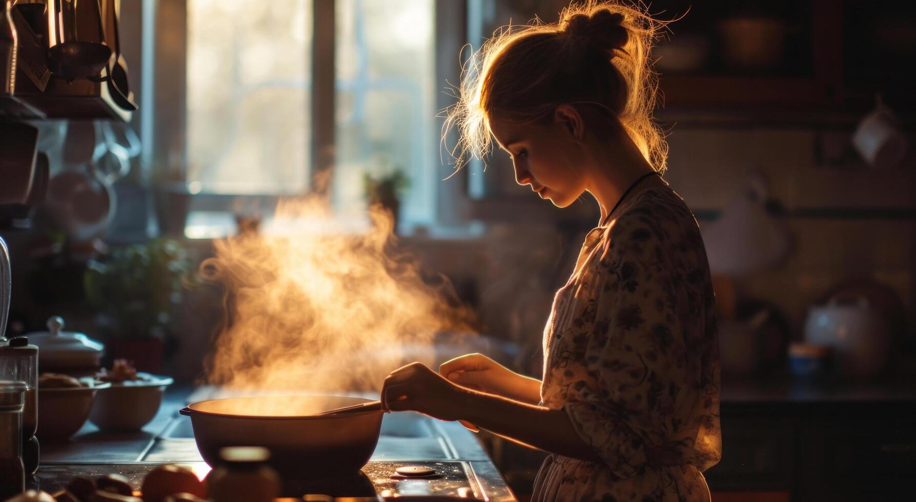 ai generado un mujer en el cocina con un humeante maceta foto