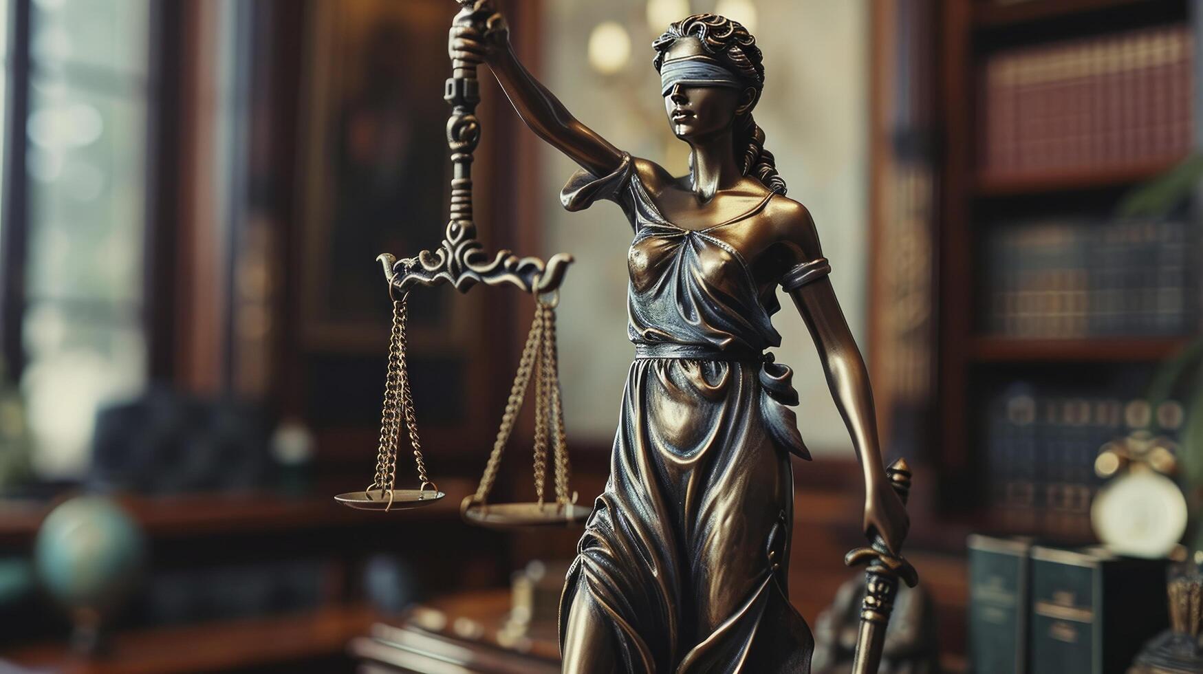 AI generated Lady of Justice Statue Blindfolded Guardian. In a Lawyers Office, Exemplifying the Pursuit of Truth and Justice photo