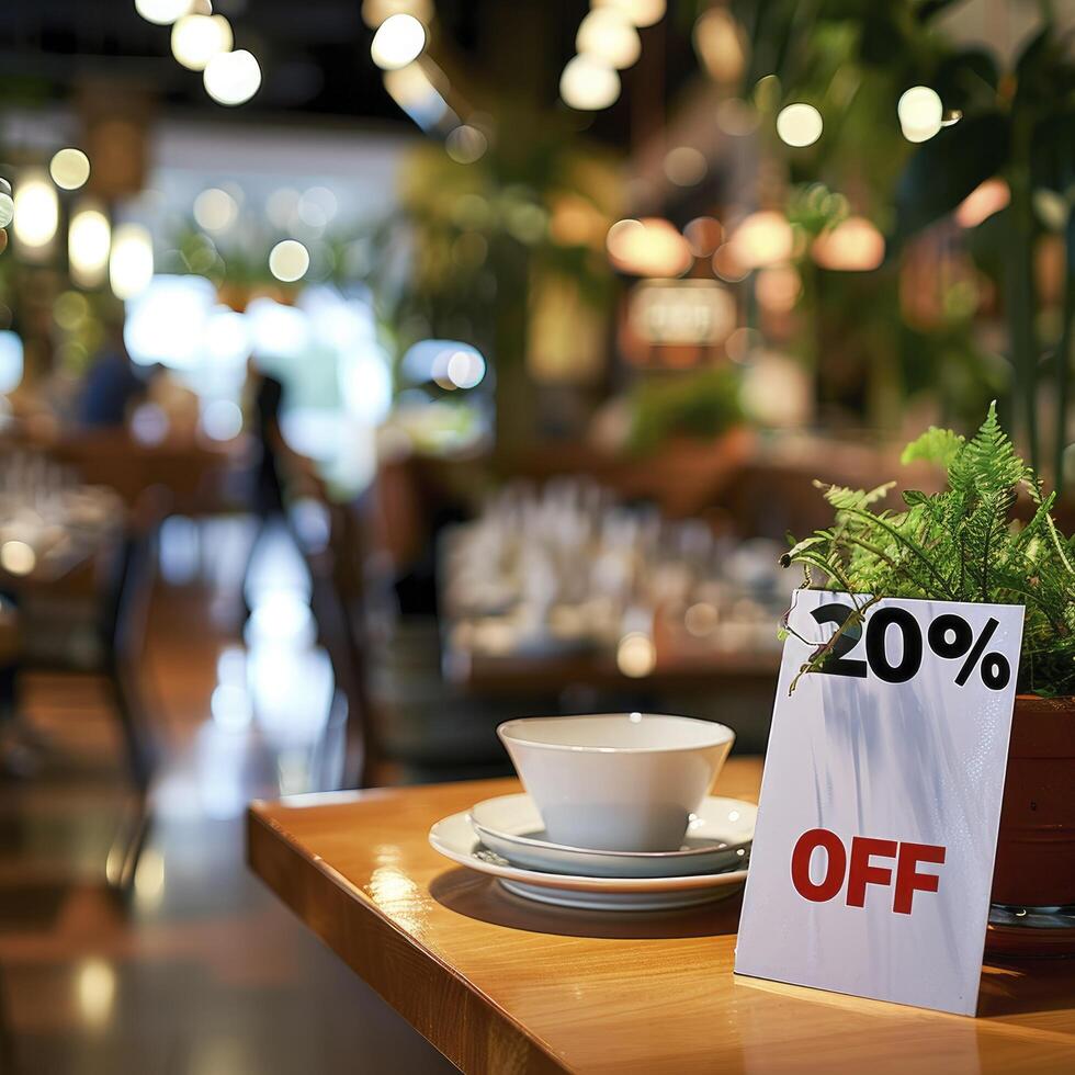 AI generated Sign with the text 20 off at the restaurant photo
