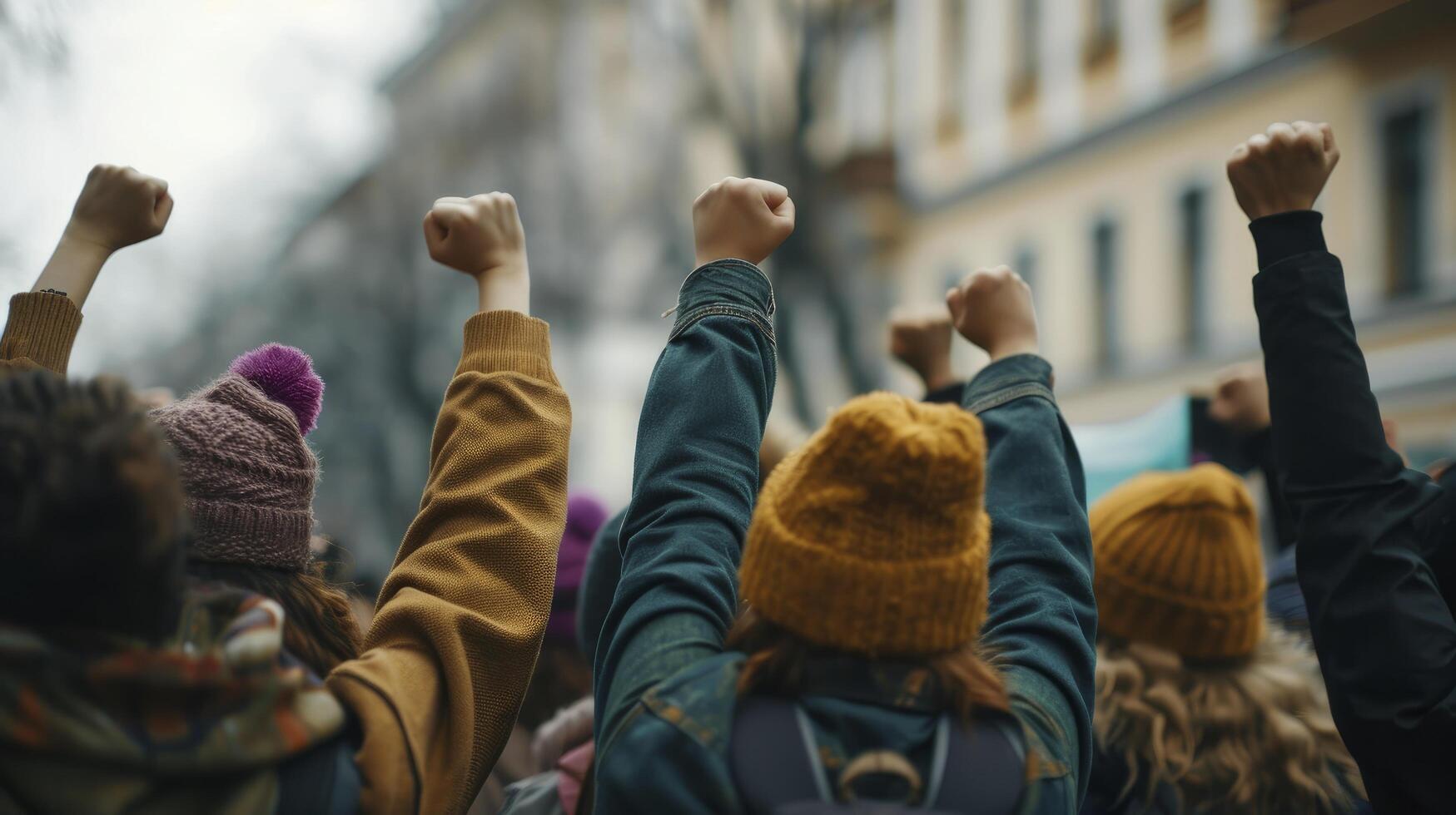 AI generated Multi-ethnic people raise their fists up in the air in a protest. photo