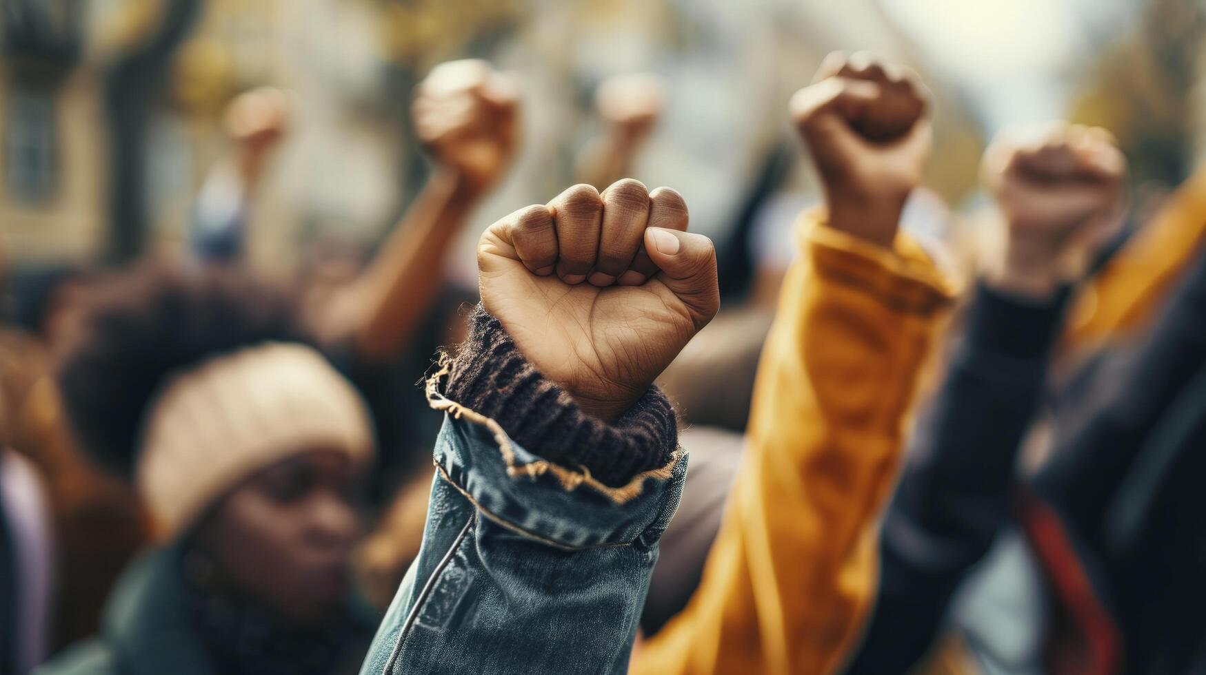 AI generated Multi-ethnic people raise their fists up in the air in a protest. photo