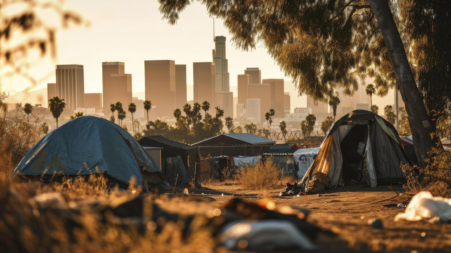 AI generated Refugee camp shelter for homeless in front of Los Angeles City Skyline photo