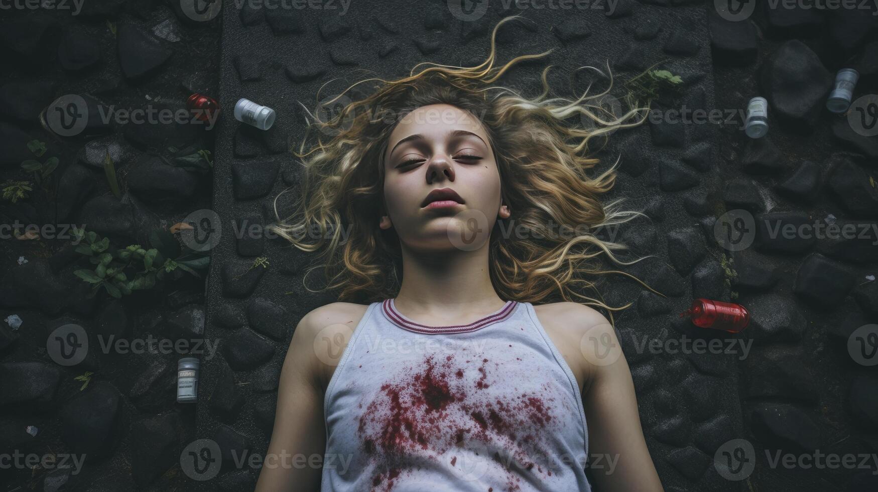 AI generated Young girl addicted to opiates lying on the street - modern fentanyl epidemic concept photo