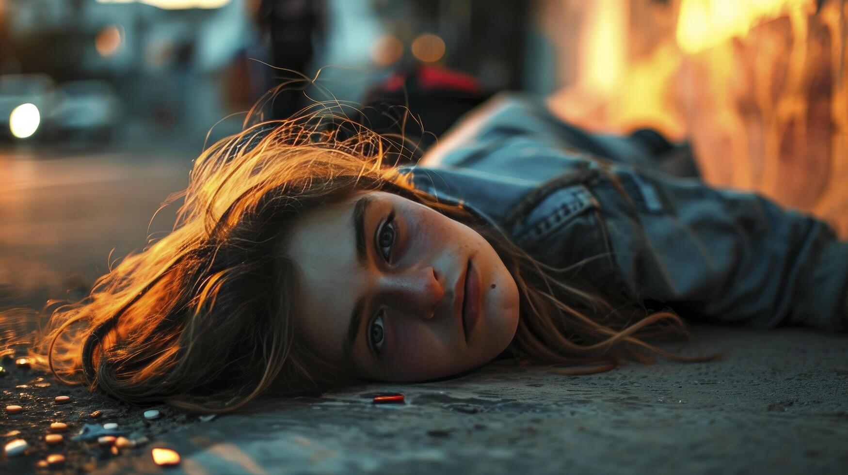 AI generated Young girl addicted to opiates lying on the street - modern fentanyl epidemic concept photo