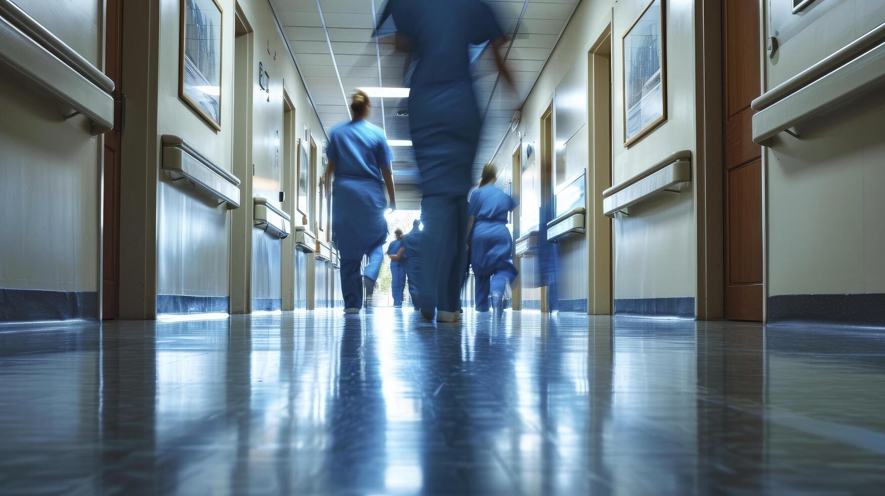 AI generated Long exposure blurred motion of medical doctors and nurses in a hospital ward wearing blue aprons, walking down a corridor photo