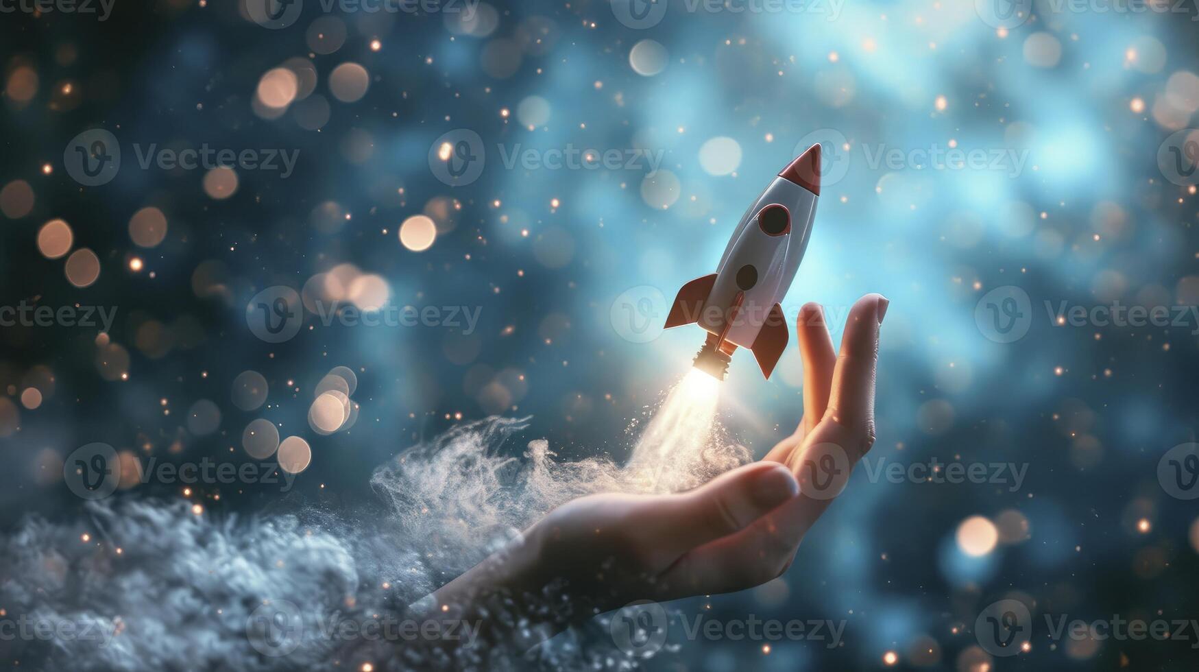 AI generated Cosmic Exploration. Space Rocket Launching from Womans Hand against Blue Blurry Background photo