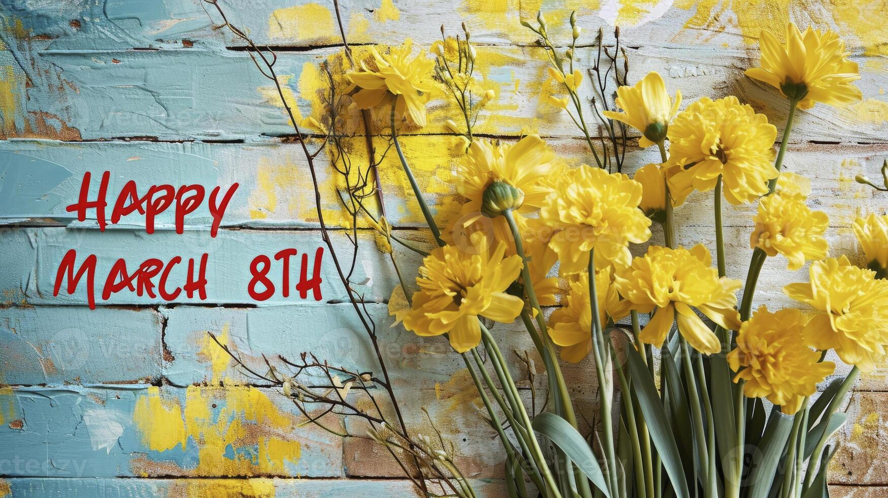 AI generated yellow brick background the painting of a greeting card Happy March 8th photo