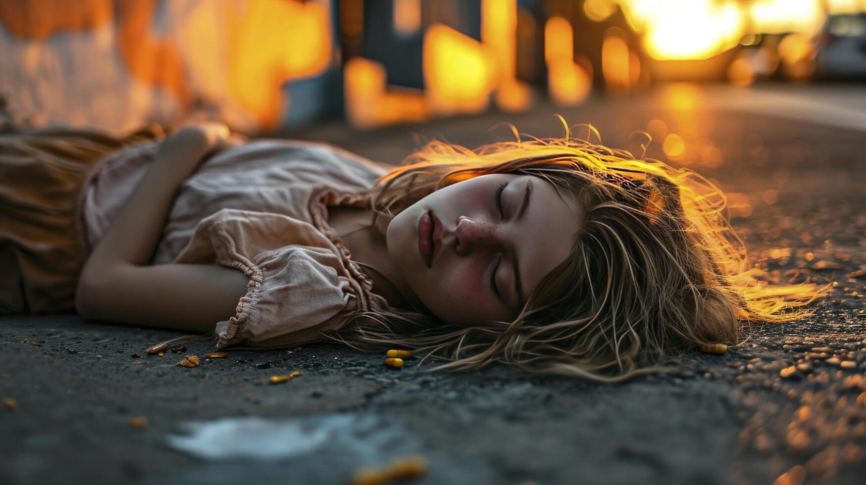 AI generated Young girl addicted to opiates lying on the street - modern fentanyl epidemic concept photo