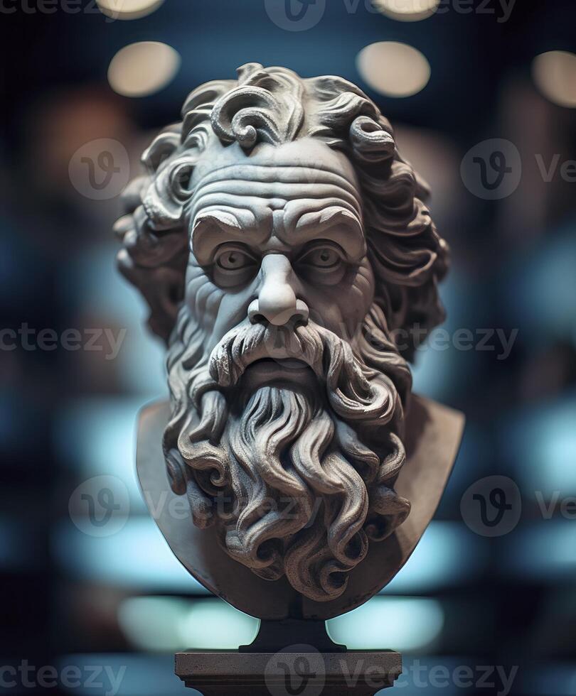 AI generated Head of Philosopher Socrates on Display in a Museum photo