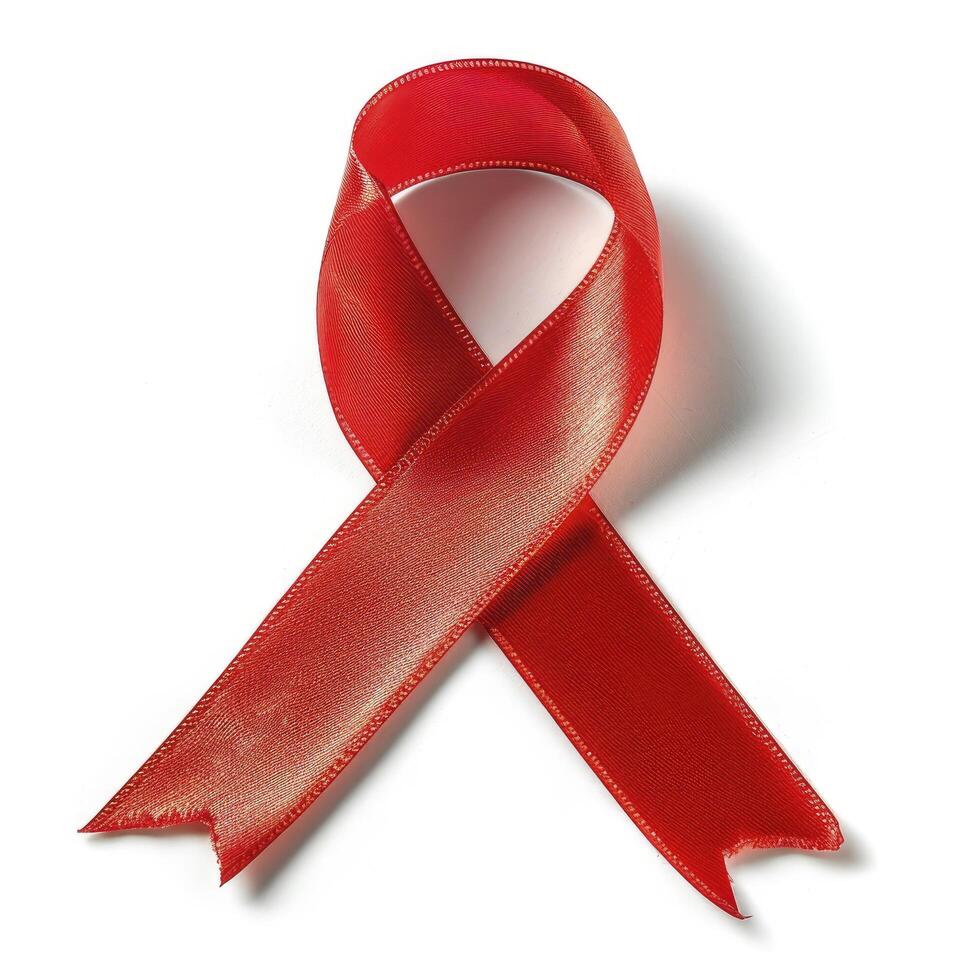 AI generated Red cancer ribbon. Cancer awareness symbol. Isolated on white photo