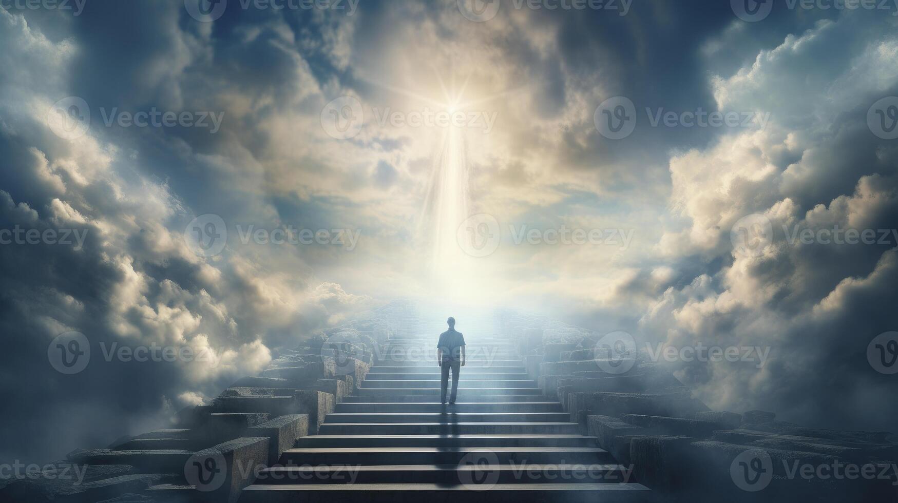 AI generated A man walking up the stairs to heaven photo
