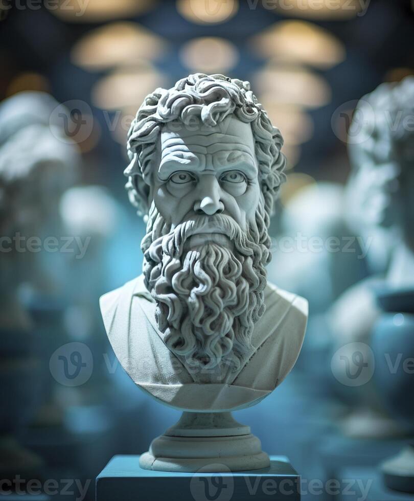 AI generated Head of Philosopher Socrates on Display in a Museum photo