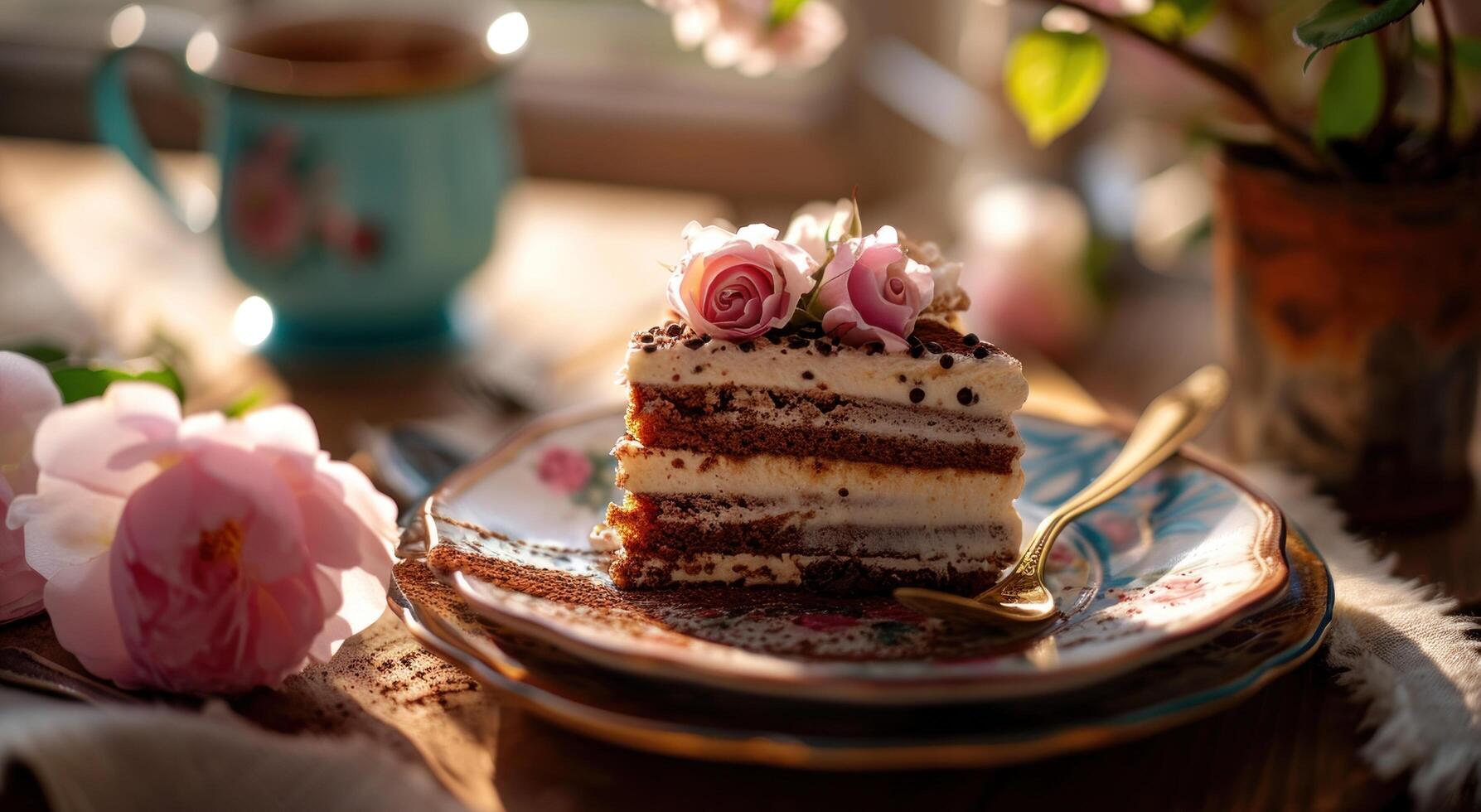 ai generado pastel rebanada en un plato con café y rosas foto