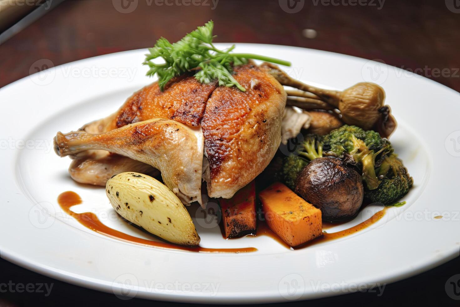 AI generated Plated chicken roast dinner on a white plate with carrot and morel mushroom. AI Generated. photo