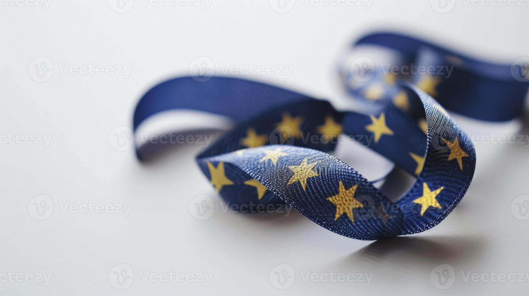 AI generated Blue ribbon full of golden star white background photo