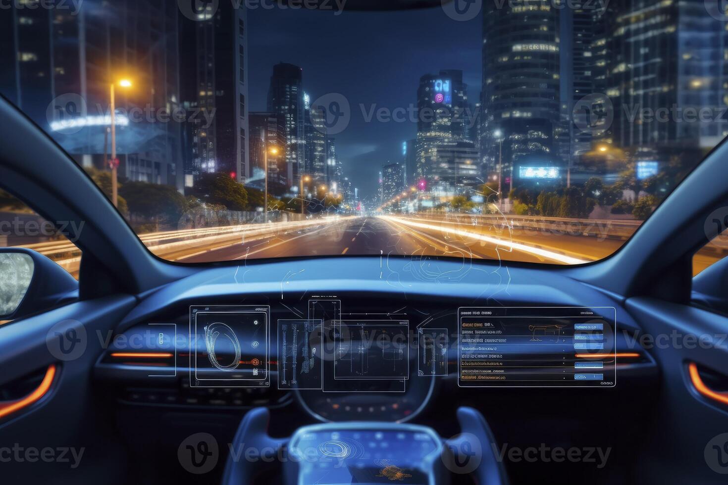 AI generated Modern smart car technology intelligent system using Heads up display HUD Autonomous self driving mode vehicle on city road with graphic sensor radar signal system intelligent car. photo
