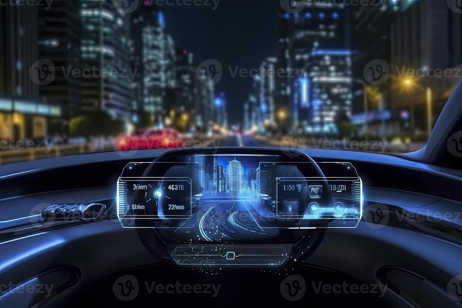 AI generated Modern smart car technology intelligent system using Heads up display HUD Autonomous self driving mode vehicle on city road with graphic sensor radar signal system intelligent car. photo