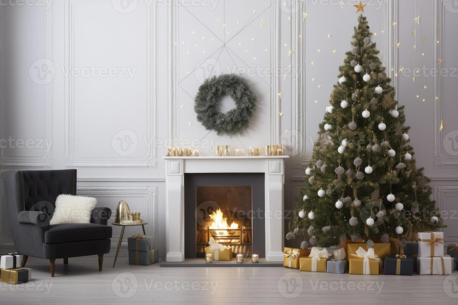 AI generated Modern Living Room With Fireplace, Christmas Tree, Gift Boxes And Armchair. AI Generated photo