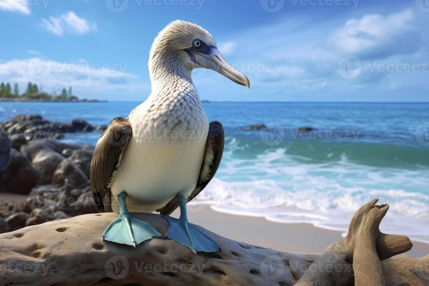 AI generated The rare blue-footed booby rests on the beach. AI Generated photo