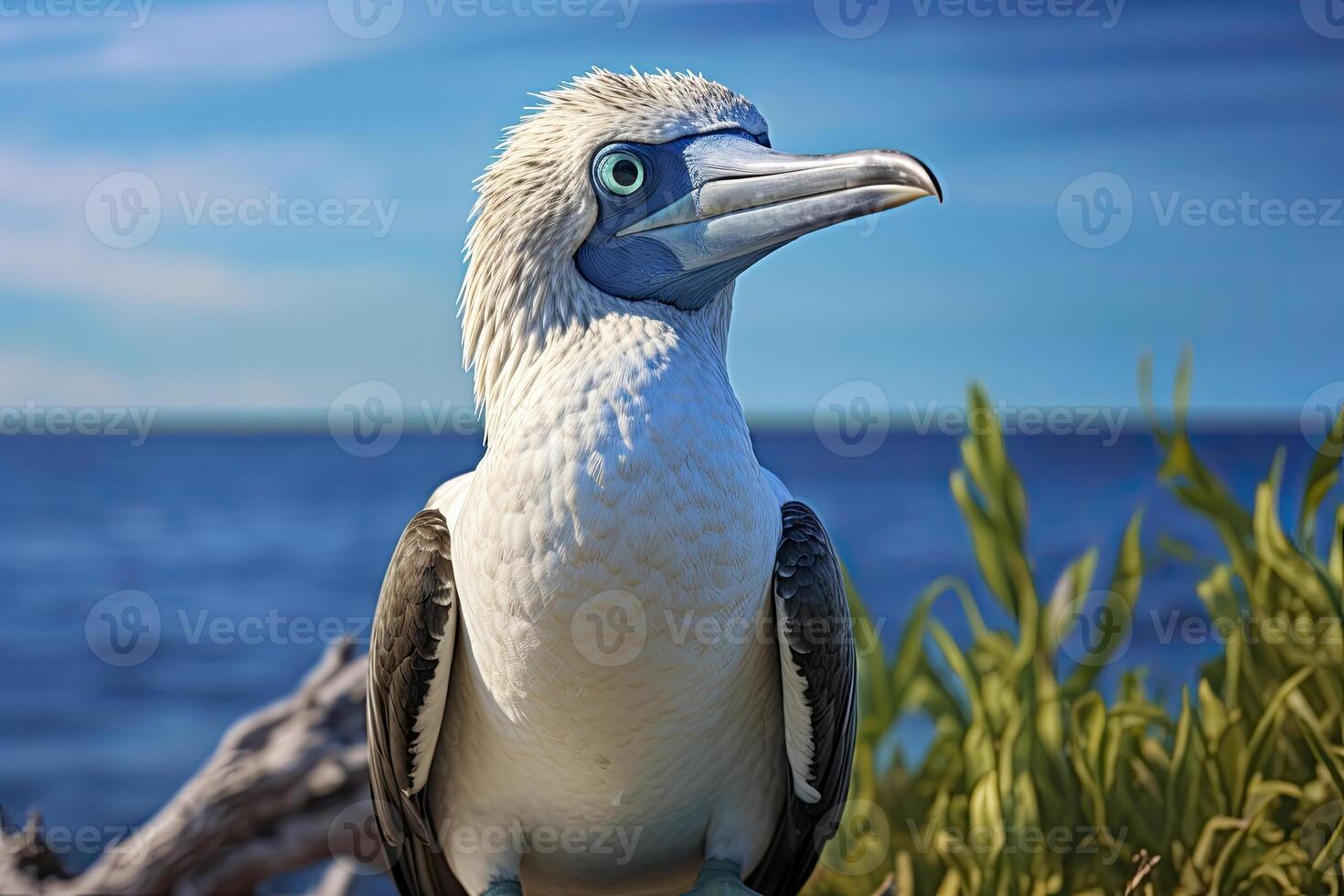 AI generated The rare blue-footed booby rests on the beach. AI Generated photo