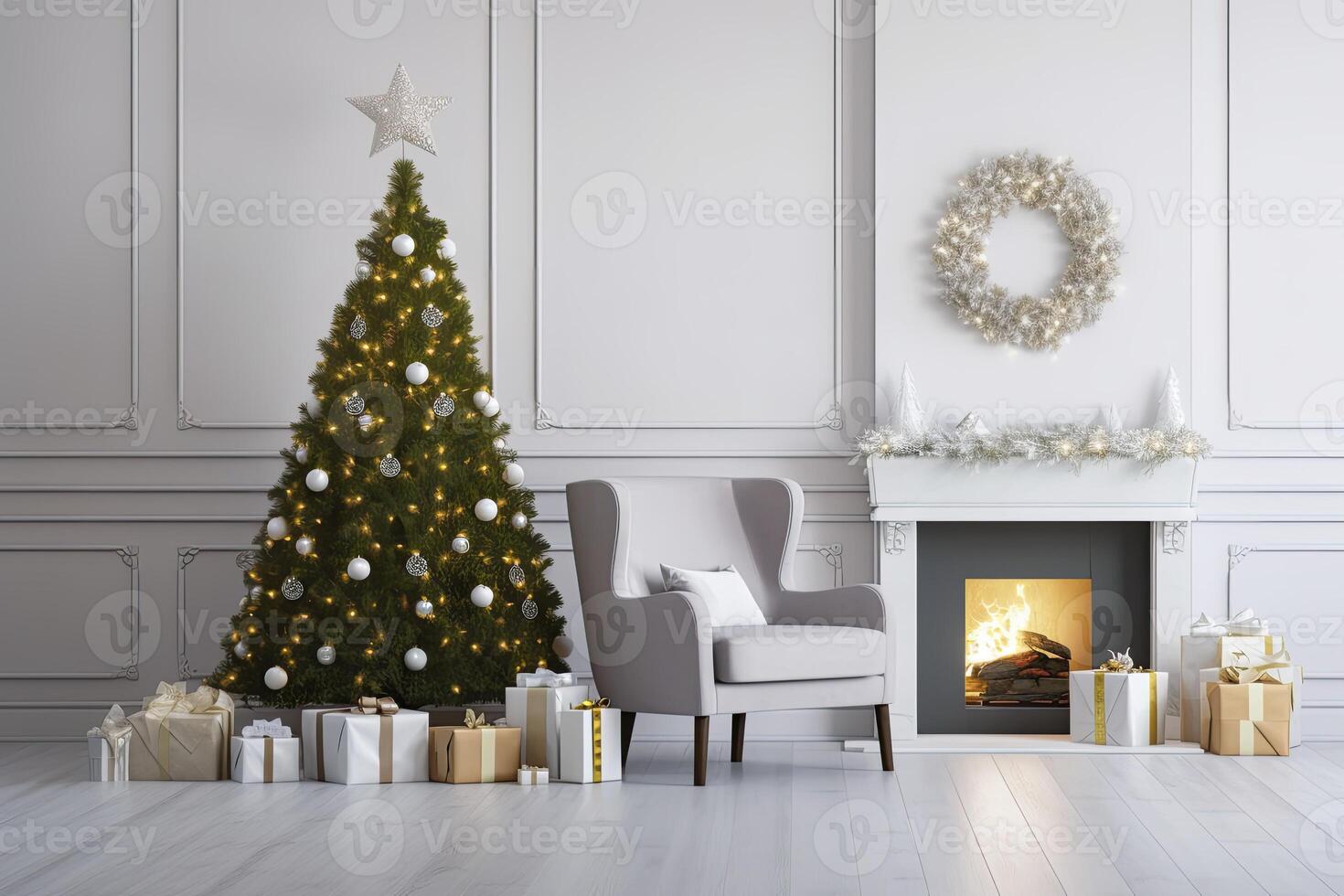 AI generated Modern Living Room With Fireplace, Christmas Tree, Gift Boxes And Armchair. AI Generated photo