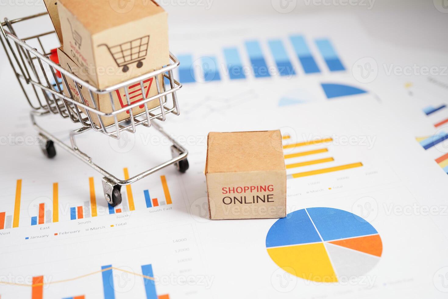 Online shopping, Shopping cart box on business graph, import export, finance commerce. photo
