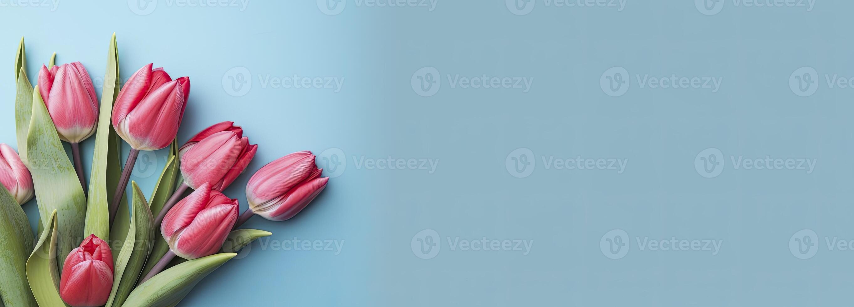 AI generated Bouquet of red tulip on blue Background. Top view with copy space.  AI Generated photo