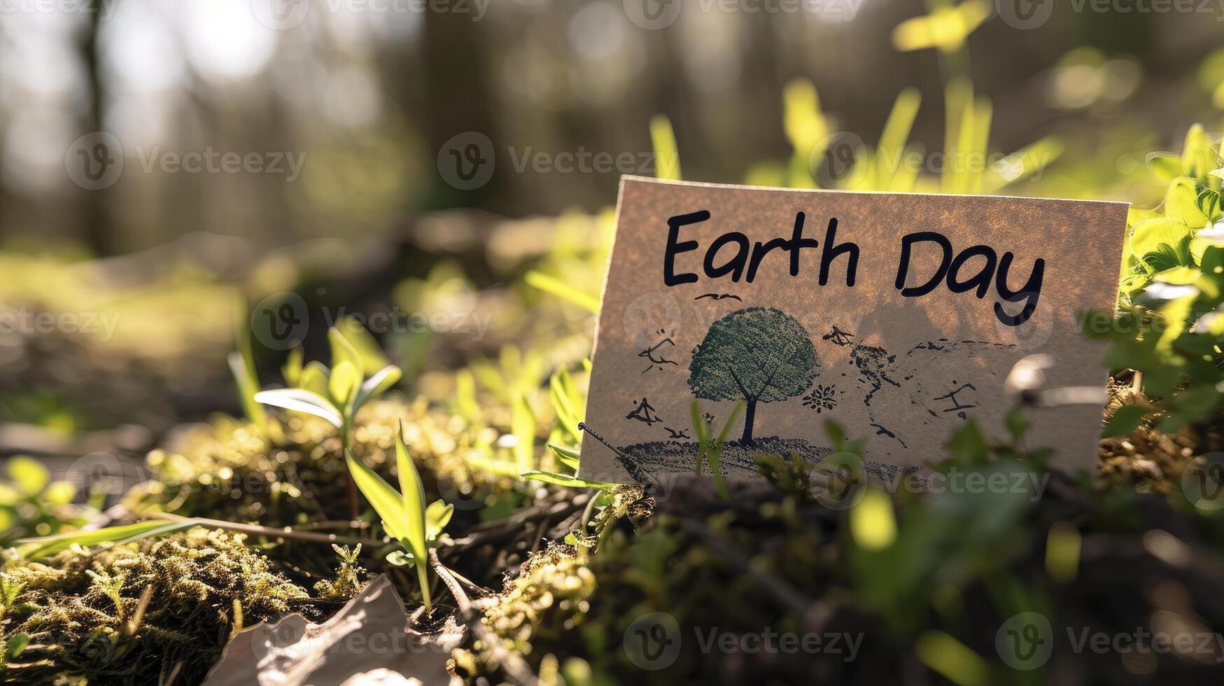 AI generated Text Earth Day written with a marker on a sticky note in a garden photo