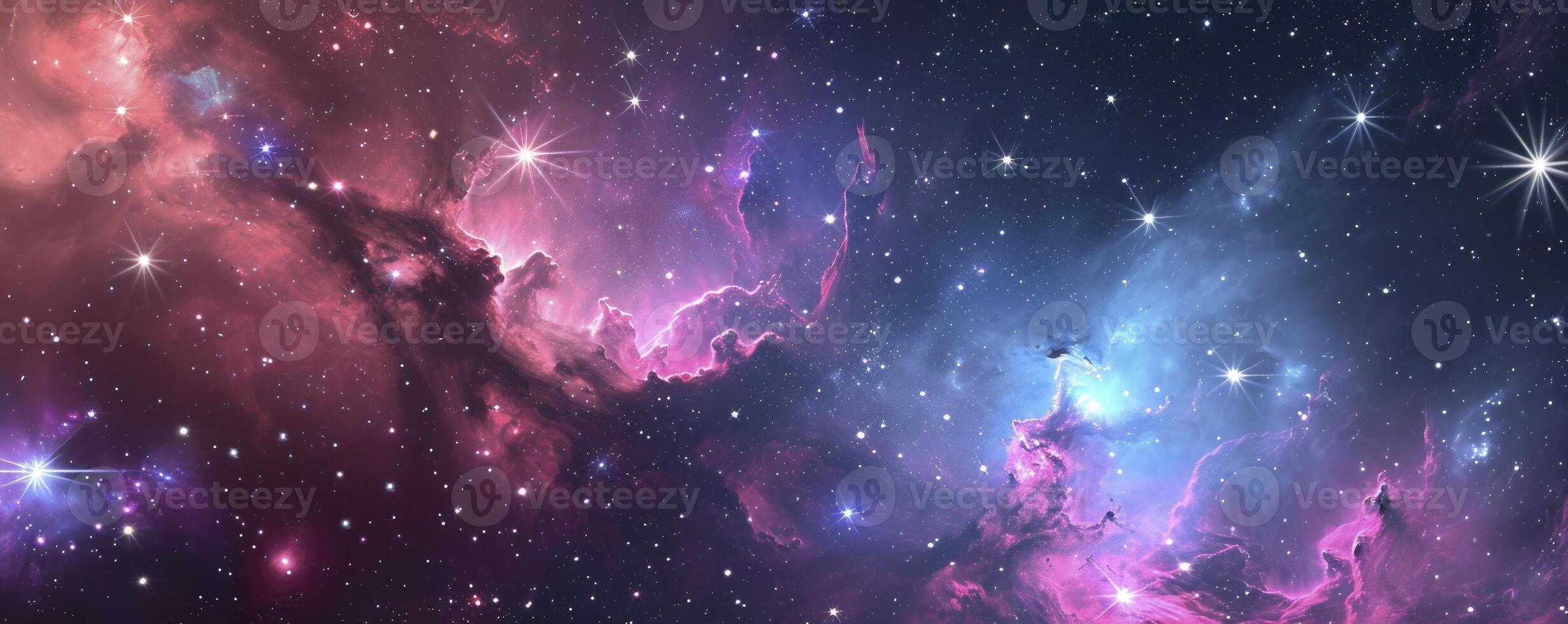 AI generated Concept of web banner. Magic color galaxy. Horizontal space background with realistic nebula, stardust and shining stars. Infinite universe and starry night sky. photo