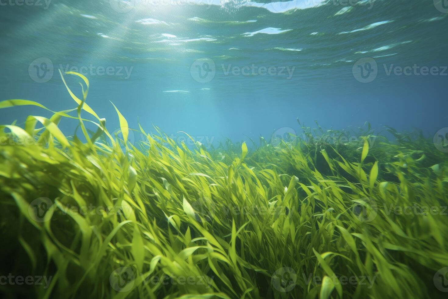 AI generated Underwater view of a group of seabed with green seagrass. AI Generated photo