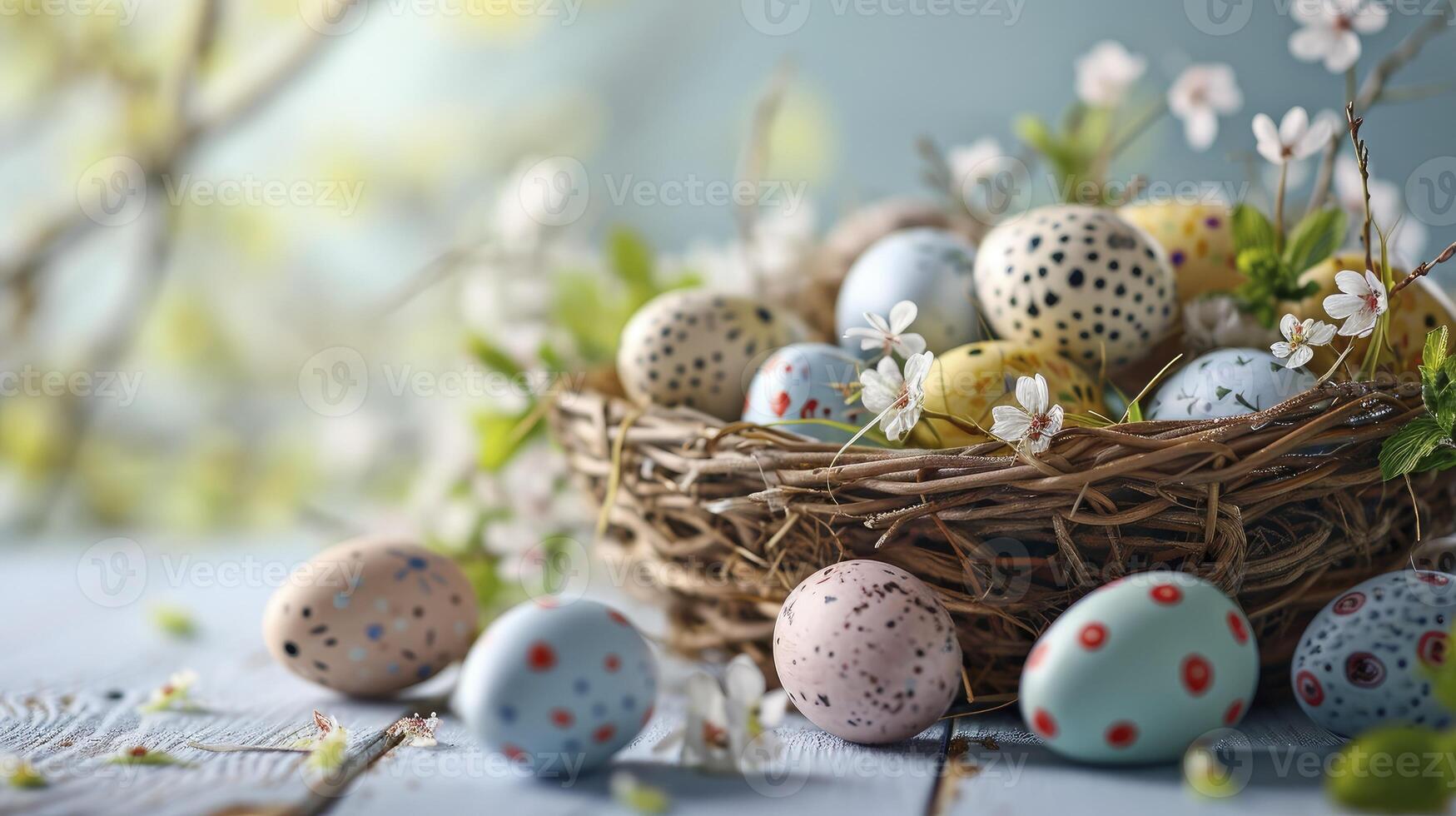 AI generated Painted Eggs with Flowers. Easter Banner with copy-space, featuring a Basket of Eggs on White Wood floor. photo