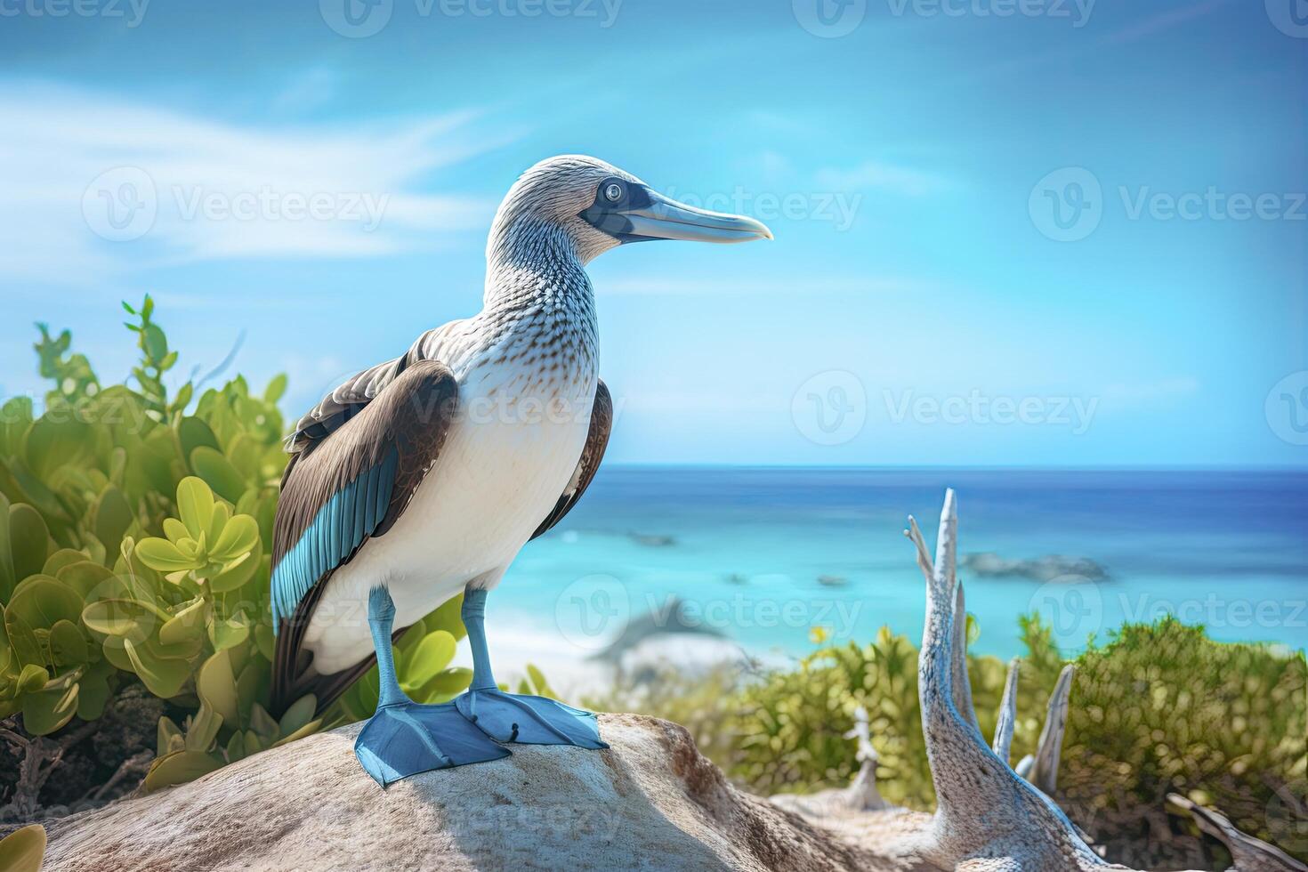 AI generated The rare blue-footed booby rests on the beach. AI Generated photo