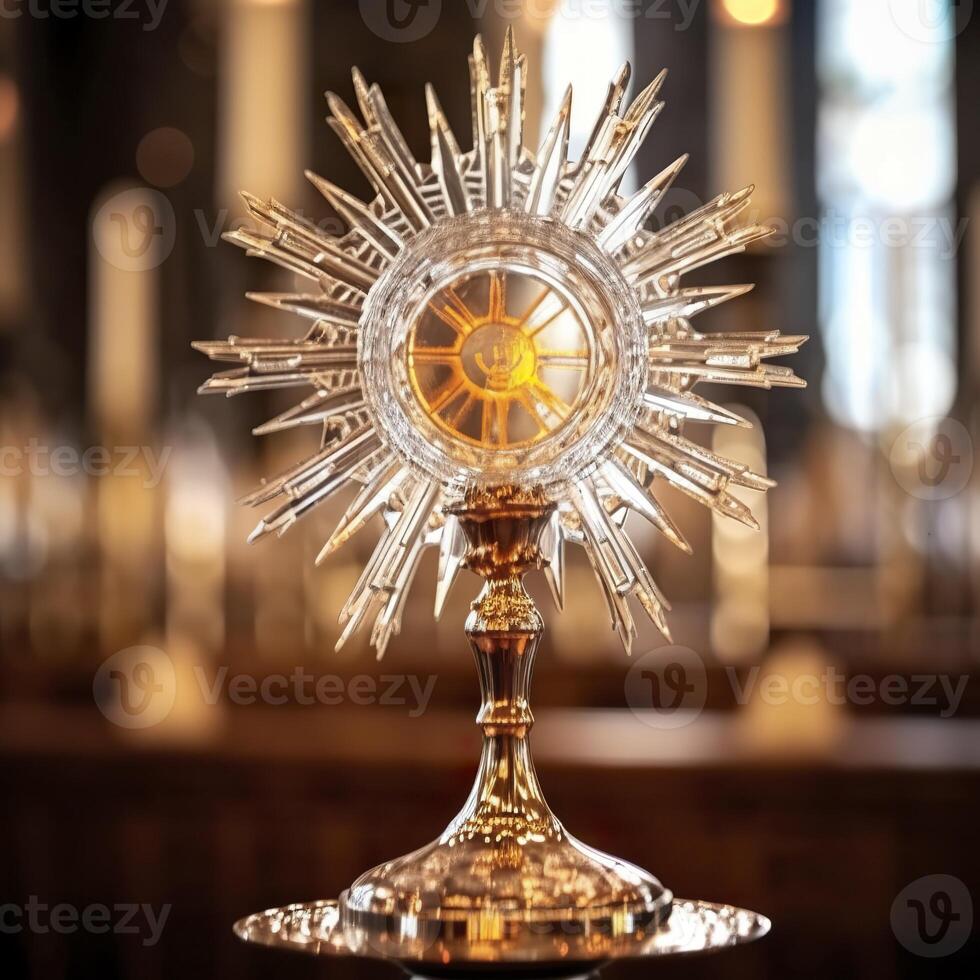 AI generated The golden monstrance with a little transparent crystal center, consecrated host. church defocused background. AI Generative photo