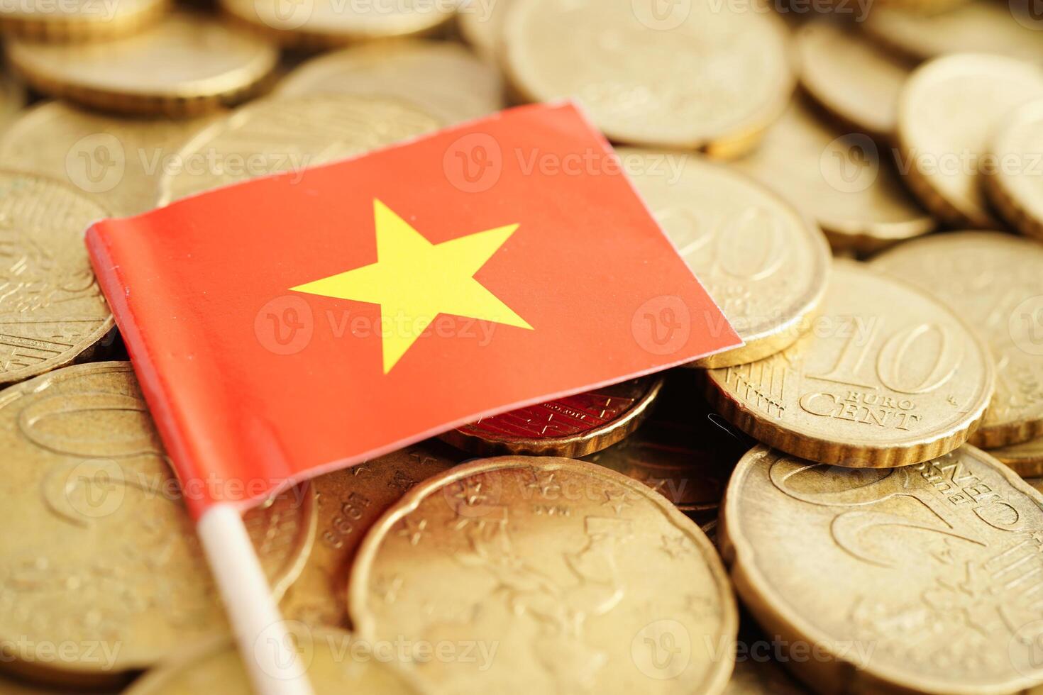 Vietnam flag on coins background, finance and accounting, banking concept. photo