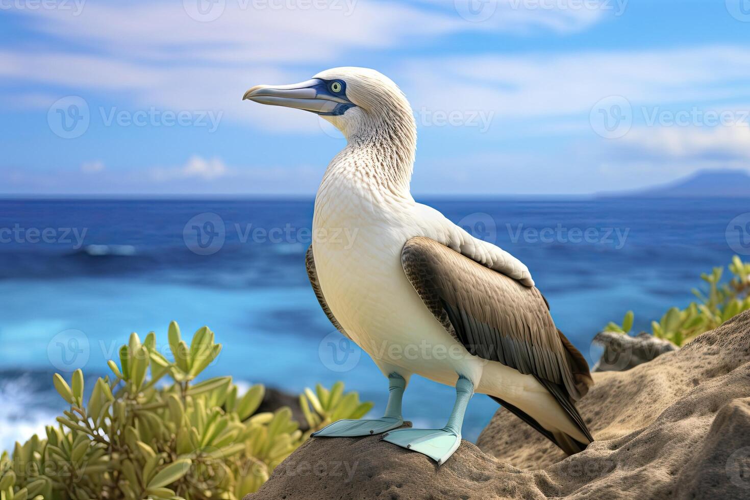 AI generated The rare blue-footed booby rests on the beach. AI Generated photo