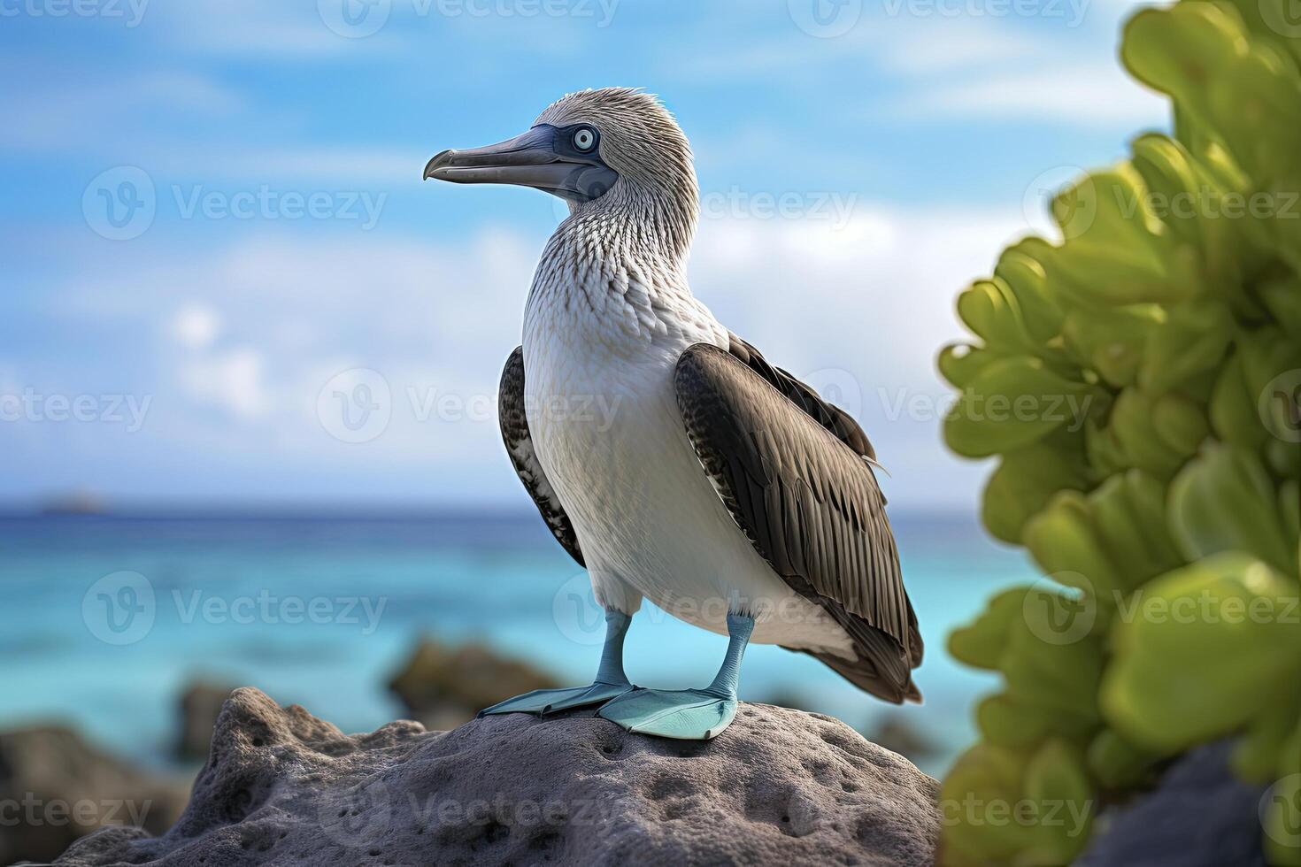 AI generated The rare blue-footed booby rests on the beach. AI Generated photo