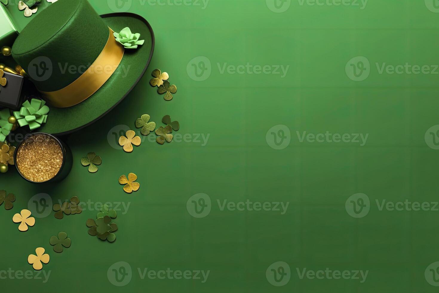 AI generated St Patrick's Day concept. leprechaun headwear gift boxes pot with gold coins. AI Generated photo