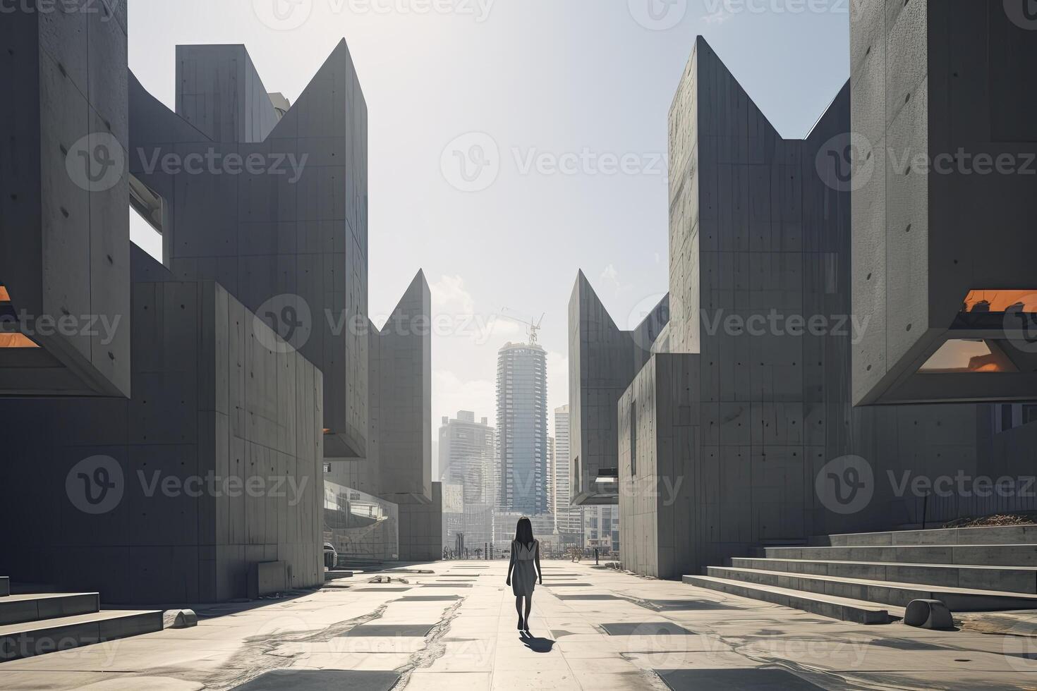 AI generated Woman walking in futuristic brutalist city street.  AI Generated. photo