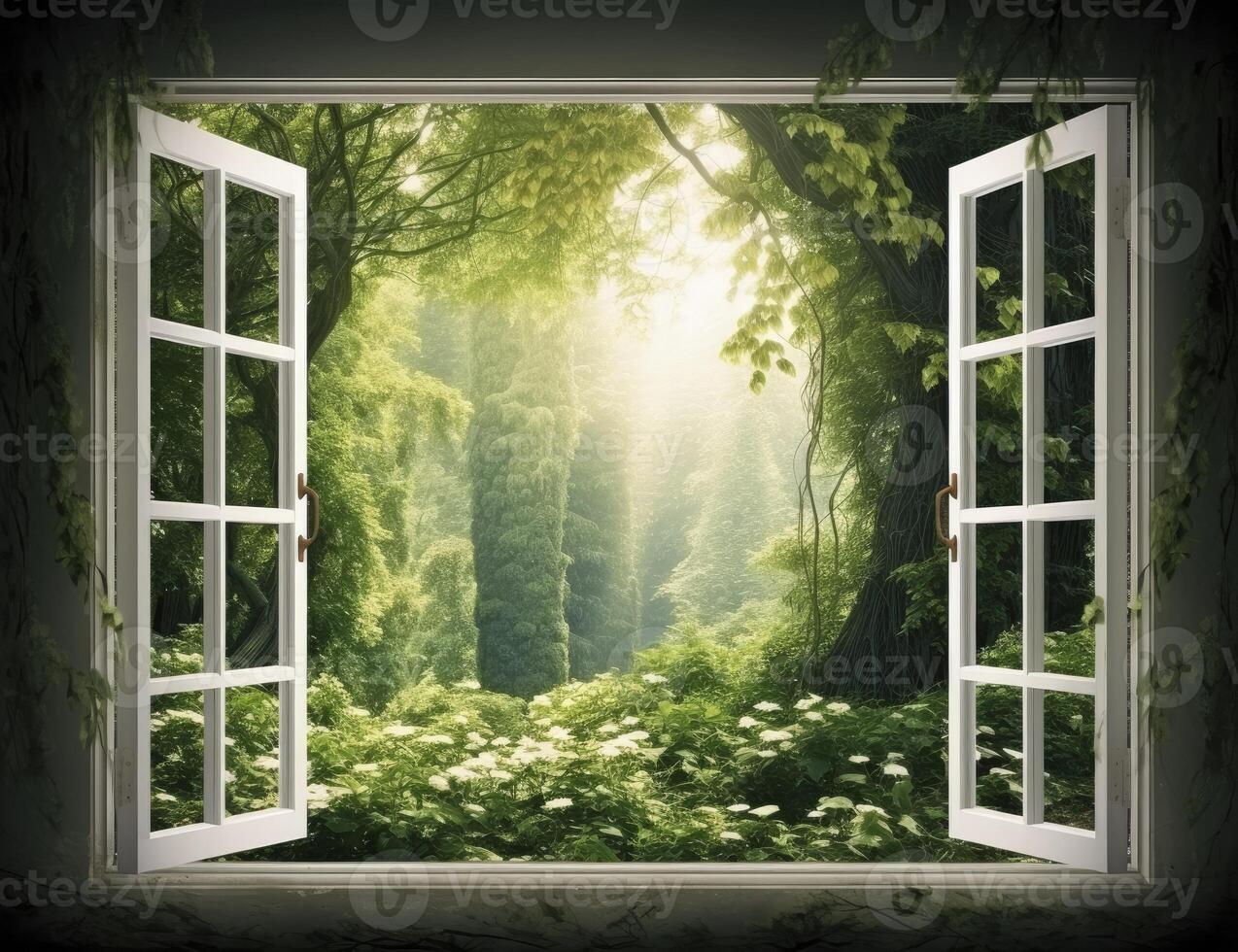 AI generated Modern house open window view forest background photo
