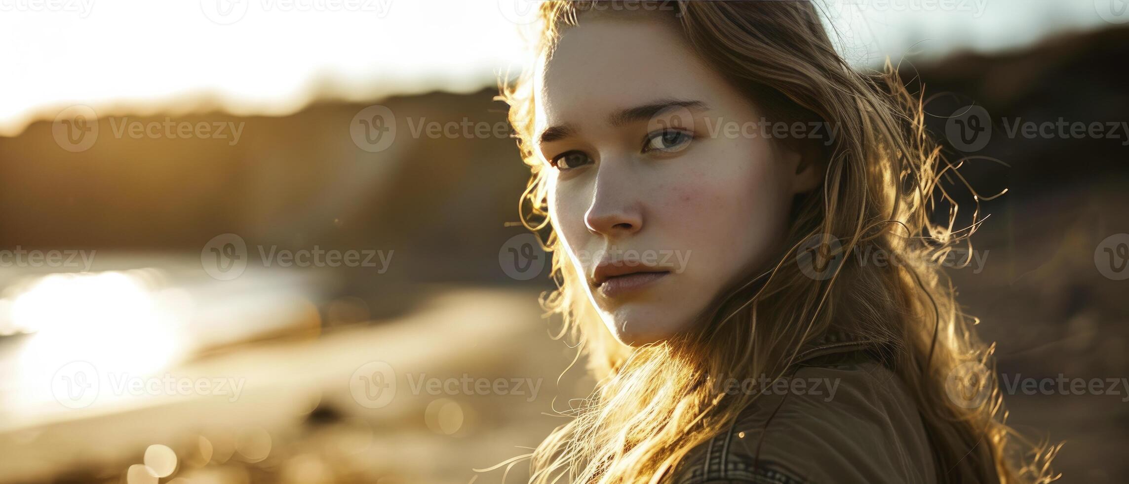 AI generated Close up beautiful girl smooth sunlight by the sea photo