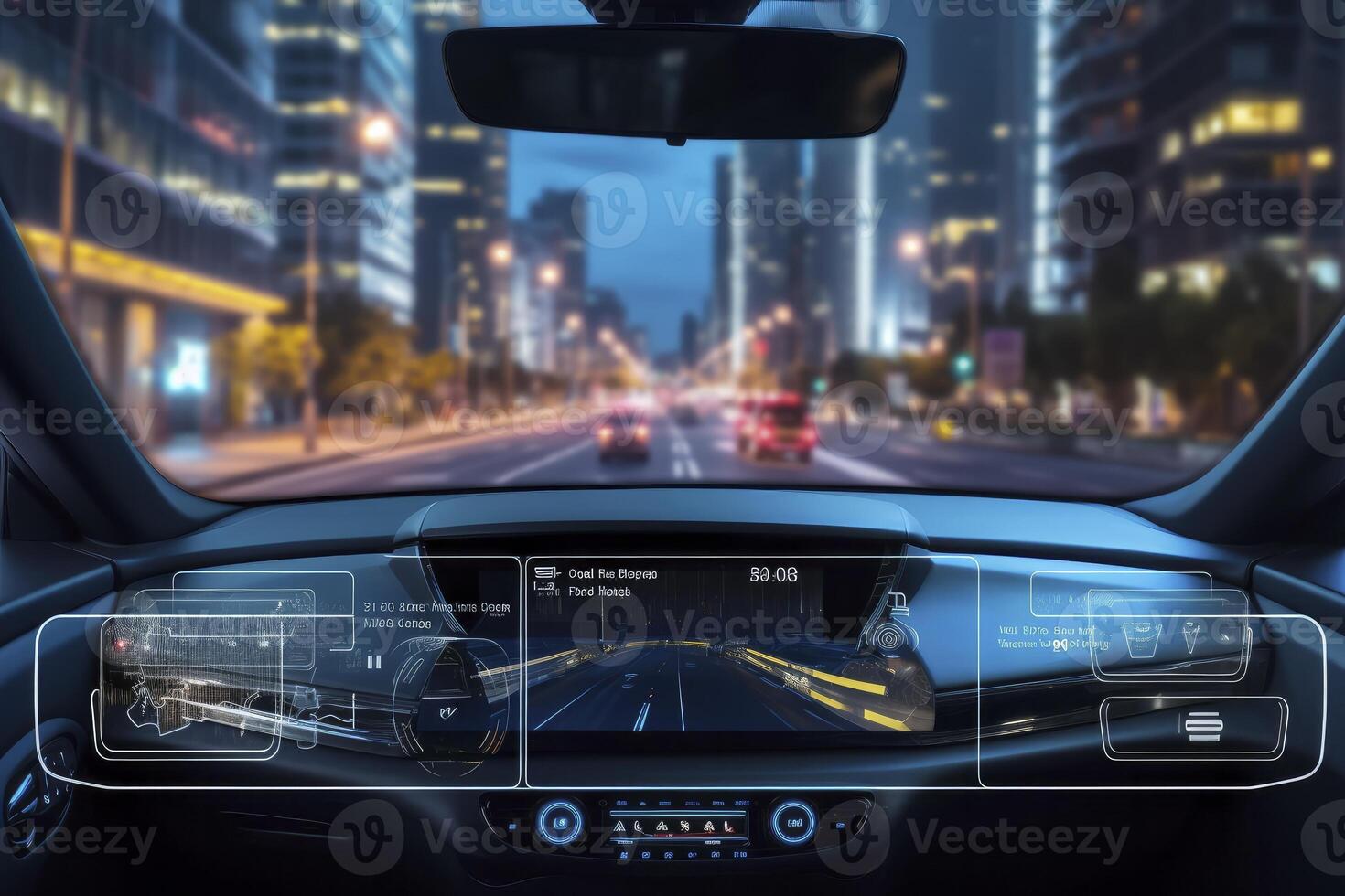 AI generated Modern smart car technology intelligent system using Heads up display HUD Autonomous self driving mode vehicle on city road with graphic sensor radar signal system intelligent car. photo