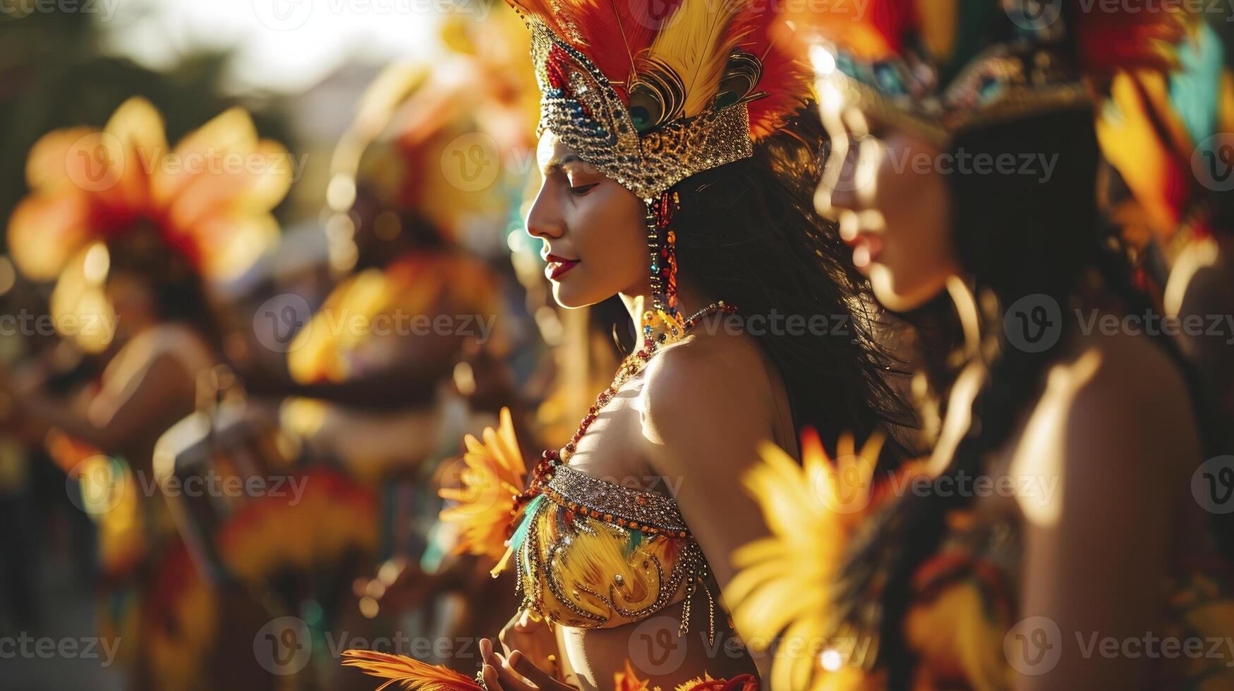 AI generated Lets dance all our troubles away. Cropped shot of beautiful samba dancers performing in a carnival with their band. photo