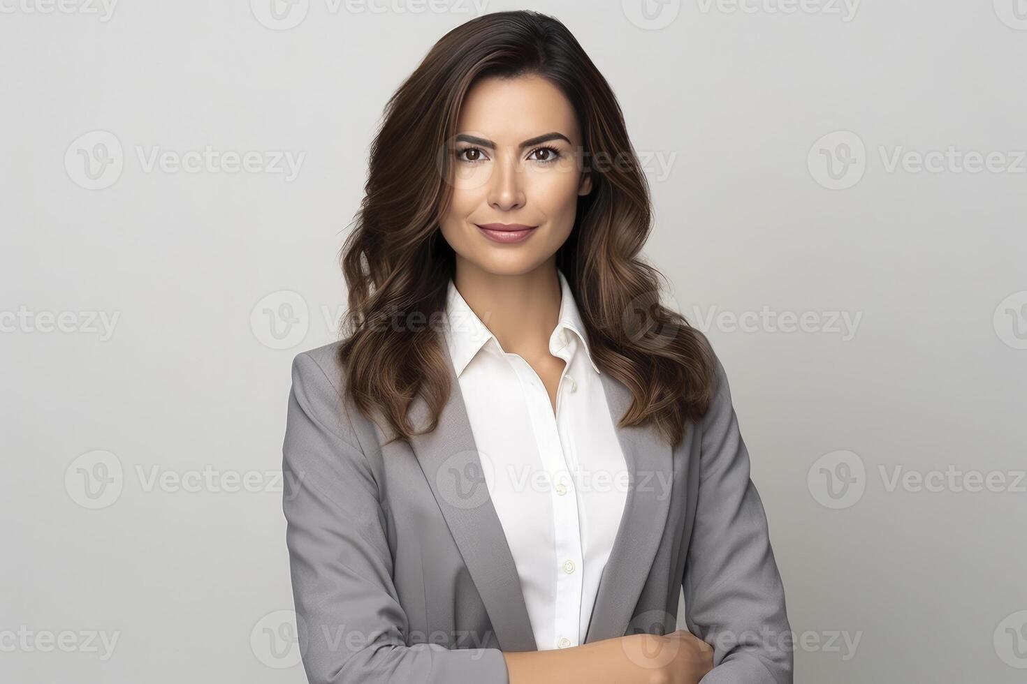 AI generated Portrait of wonderful young businesswoman wearing suit standing over gray background photo